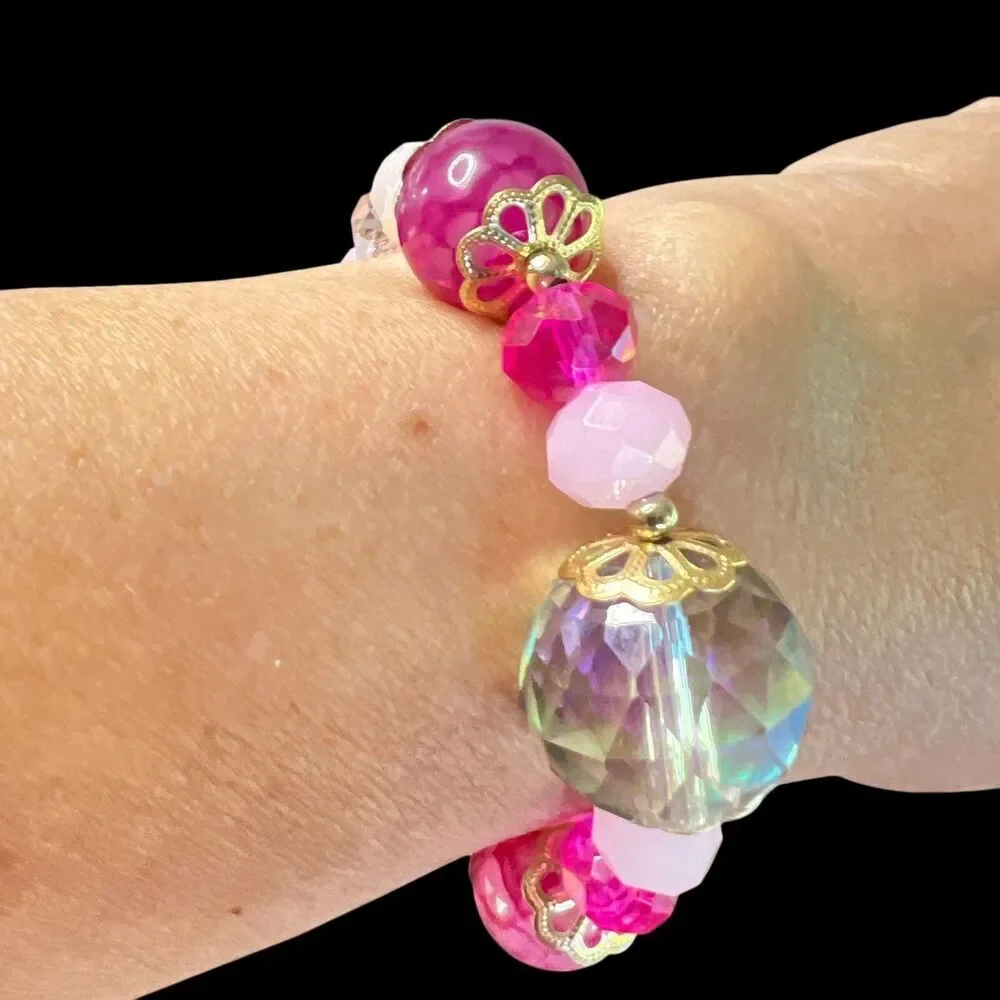 Natural Stone Beaded Bracelet Angel Charm‎ Stretch Pink Crystal Jewelry Women